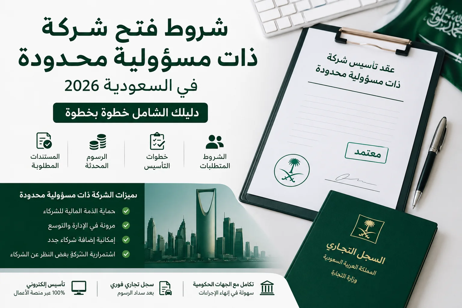 إجراءات تأسيس شركة ذات مسؤولية محدودة مع أيقونات تمثل السجل التجاري، عقد التأسيس، والرسوم في السعودية 2026