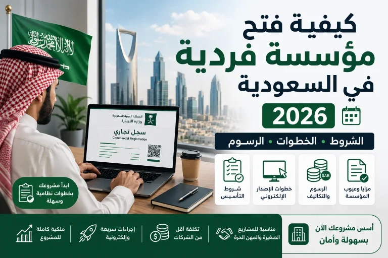 رائد أعمال يستخدم الحاسب لإصدار سجل تجاري أثناء شرح كيفية فتح مؤسسة فردية في السعودية 2026 والشروط والرسوم.