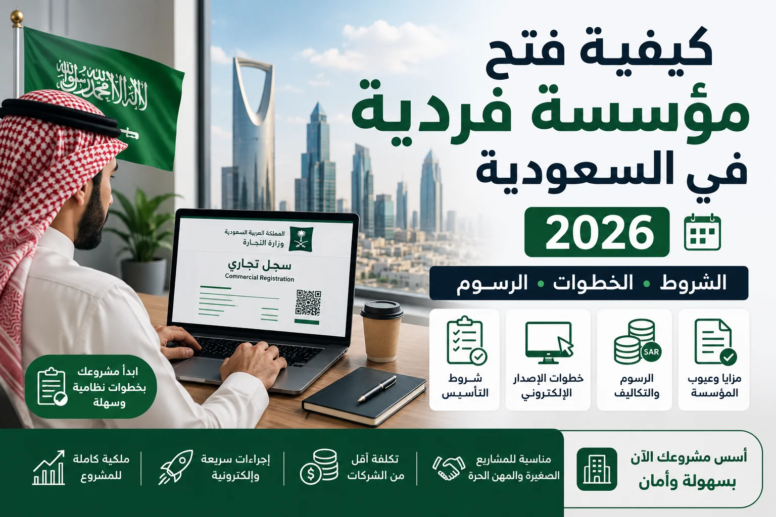 رائد أعمال يستخدم الحاسب لإصدار سجل تجاري أثناء شرح كيفية فتح مؤسسة فردية في السعودية 2026 والشروط والرسوم.