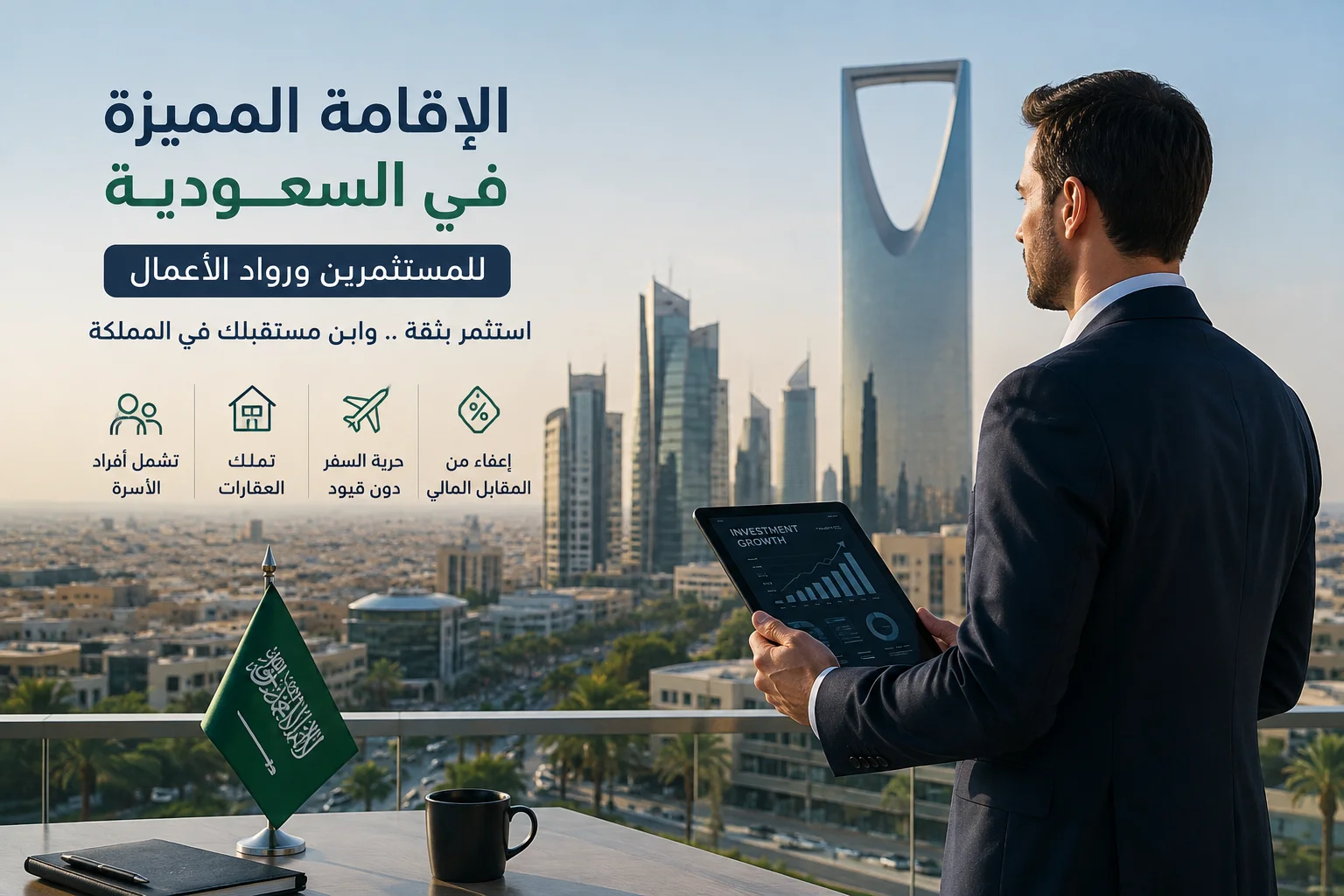 مستثمر في مدينة الرياض يرمز إلى الإقامة المميزة في السعودية للمستثمرين ورواد الأعمال وفق شروط عام 2026.