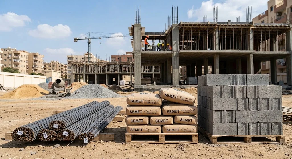 مواد البناء المستخدمة في بناء الفيلا مثل الحديد والأسمنت والبلوك